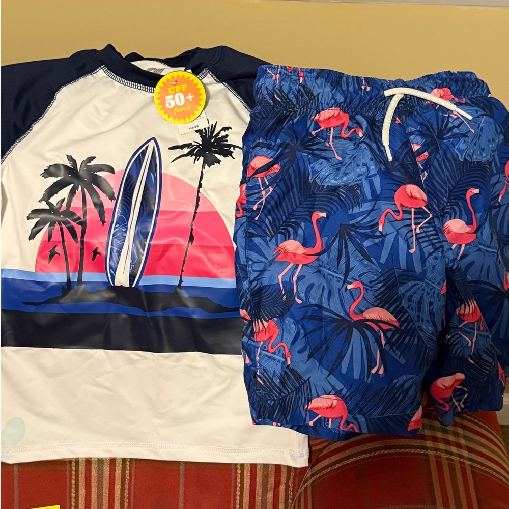 The Children's Place Blue and White Swim Trunks Tropical Design size 7/8